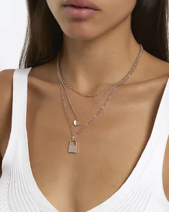 River Island Rose gold heart and lock multirow necklace< Jewellery
