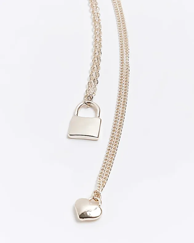 River Island Rose gold heart and lock multirow necklace< Jewellery