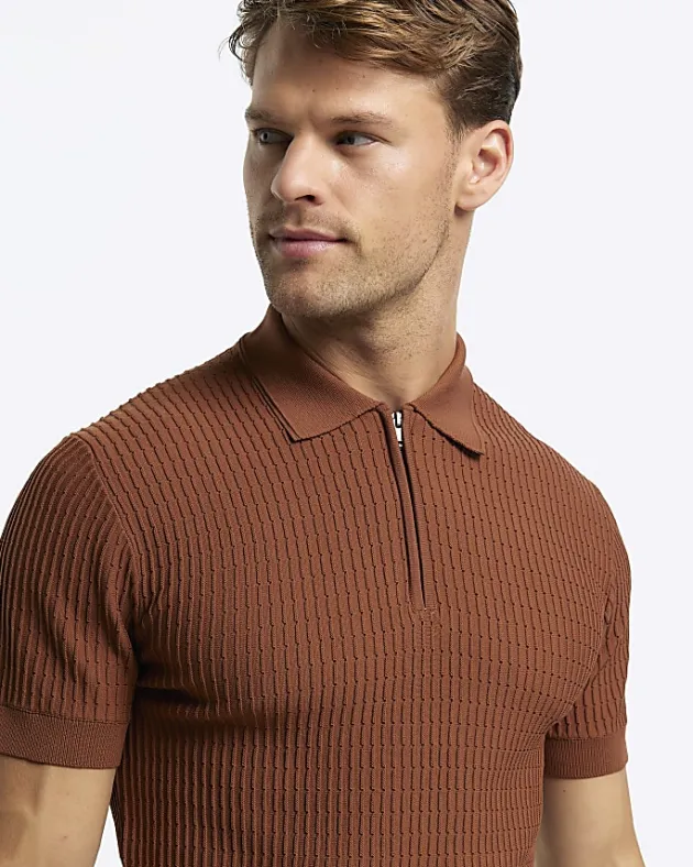 River Island Rust muscle fit knitted half zip polo< Polo Shirts