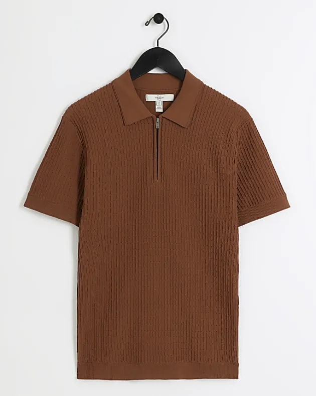 River Island Rust muscle fit knitted half zip polo< Polo Shirts