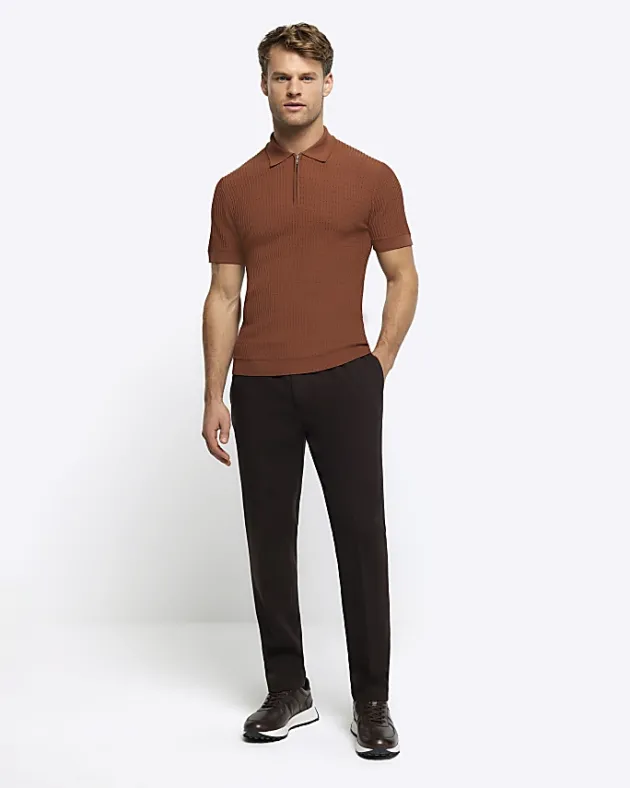 River Island Rust muscle fit knitted half zip polo< Polo Shirts