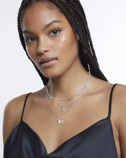 River Island Silver butterfly heart layered necklace< Jewellery