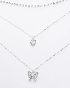 River Island Silver butterfly heart layered necklace< Jewellery