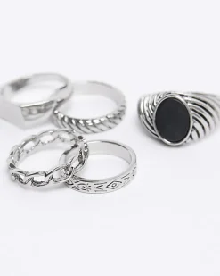 River Island Silver colour stone textured ring multipack< Jewellery & Watches