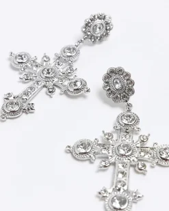 River Island Silver diamante cross drop earrings< Jewellery
