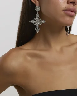 River Island Silver diamante cross drop earrings< Jewellery