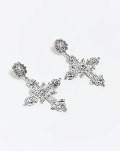 River Island Silver diamante cross drop earrings< Jewellery