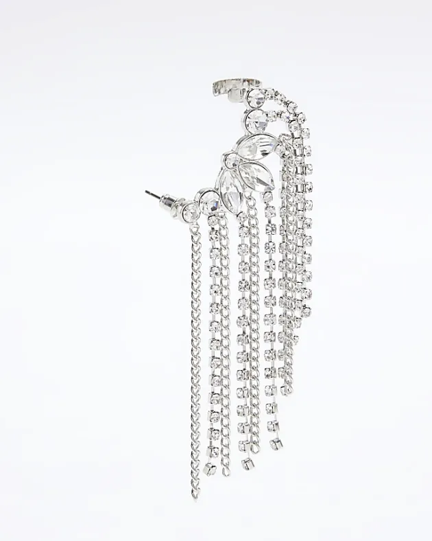 River Island Silver Diamante Drape Ear Climber< Jewellery