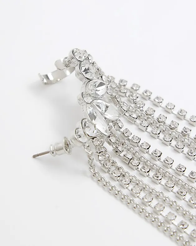 River Island Silver Diamante Drape Ear Climber< Jewellery