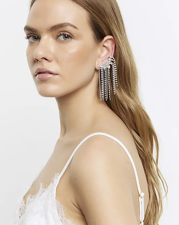 River Island Silver Diamante Drape Ear Climber< Jewellery
