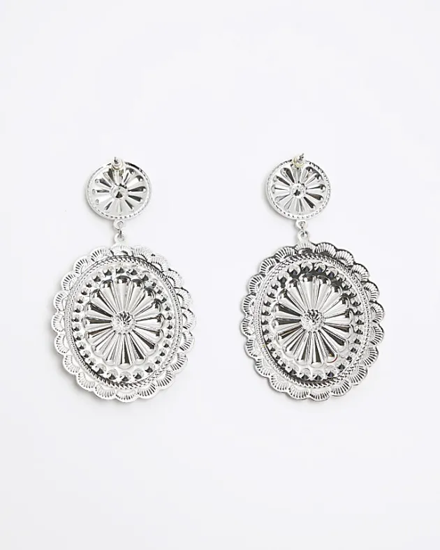 River Island Silver Textured Disc Drop Earrings< Jewellery