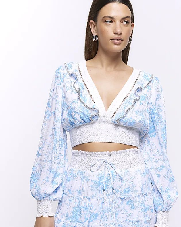 River Island floral shirred crop long sleeve top< Co-ord Sets