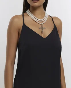River Island pearl cross multirow necklace< Jewellery